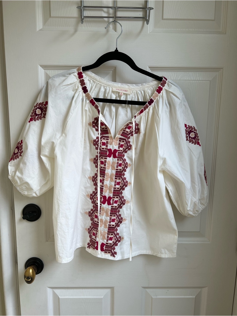 Solitaire White Peasant Blouse with Burgundy Embroidery